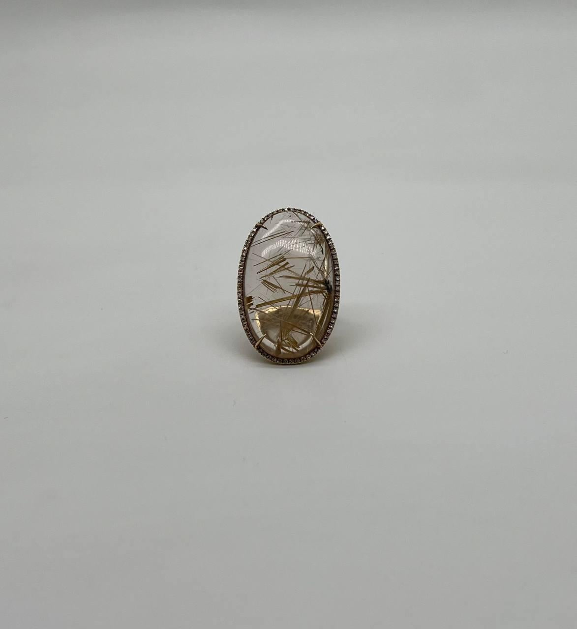 oval cabochon rutilated yellow orange quartz diamond halo 18k yellow gold ring