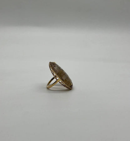 Oval Cabochon Rutilated Yellow Orange Quartz Diamond Halo 18K Yellow Gold Ring