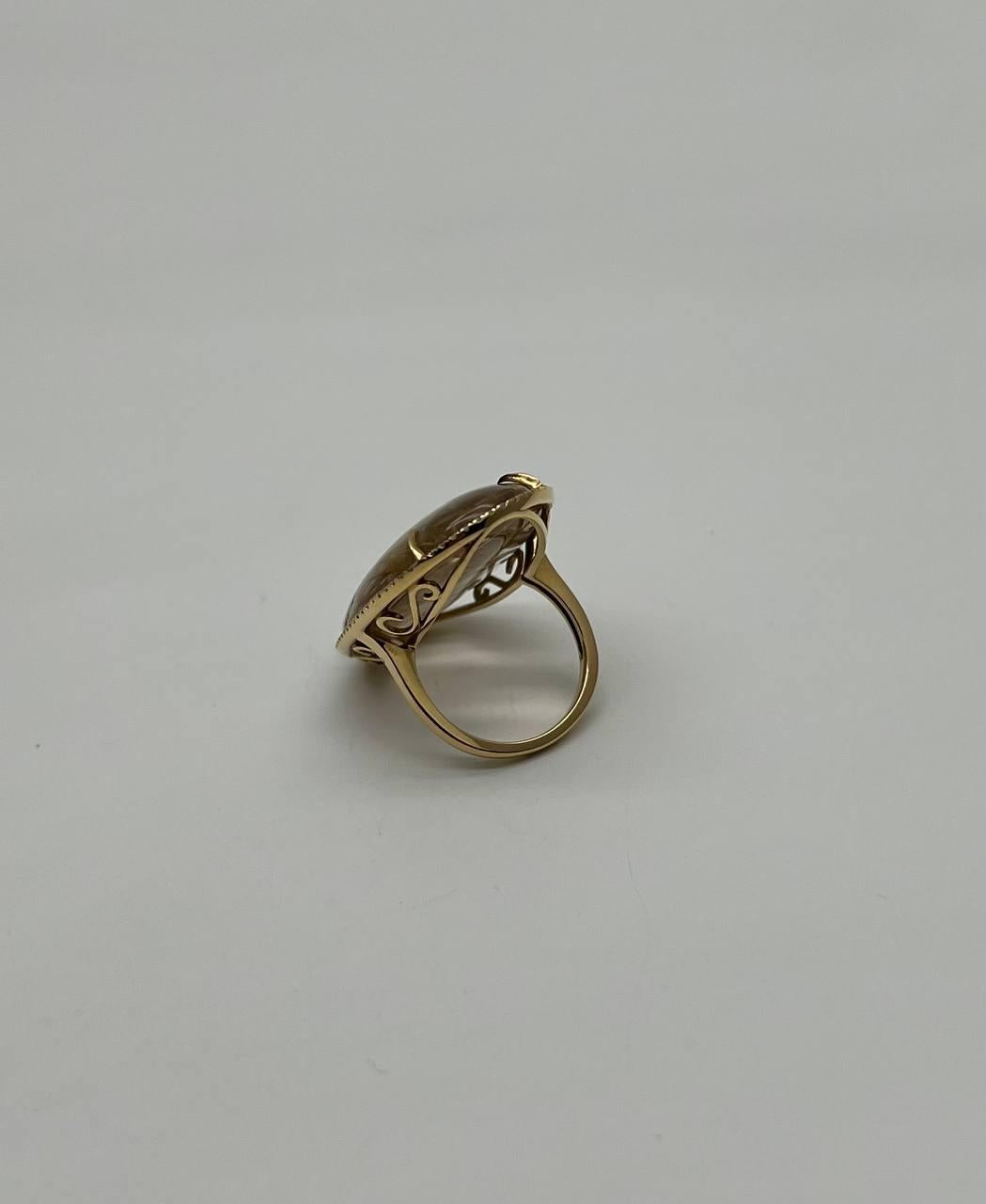 Oval Cabochon Rutilated Yellow Orange Quartz Diamond Halo 18K Yellow Gold Ring
