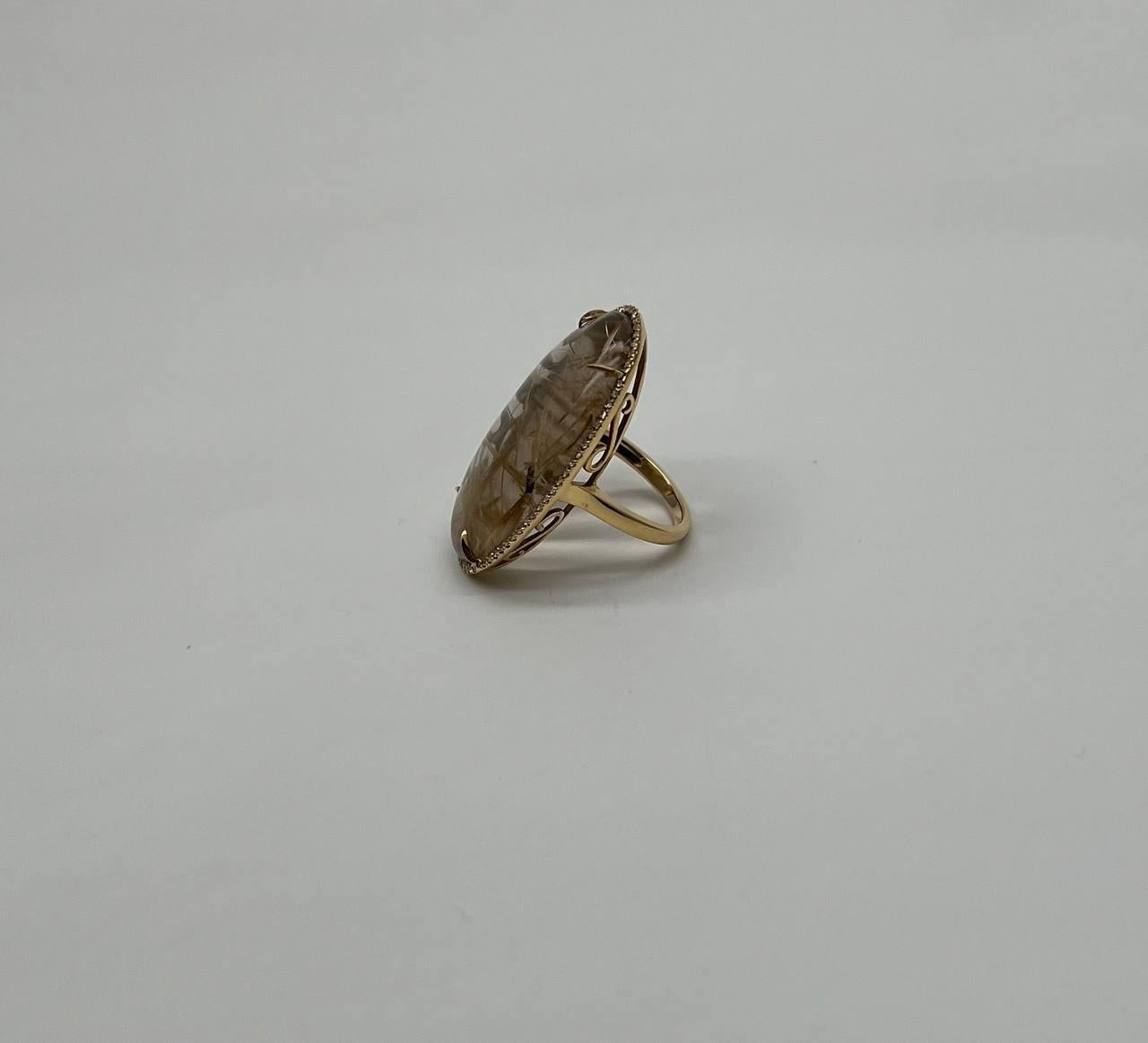 oval cabochon rutilated yellow orange quartz diamond halo 18k yellow gold ring