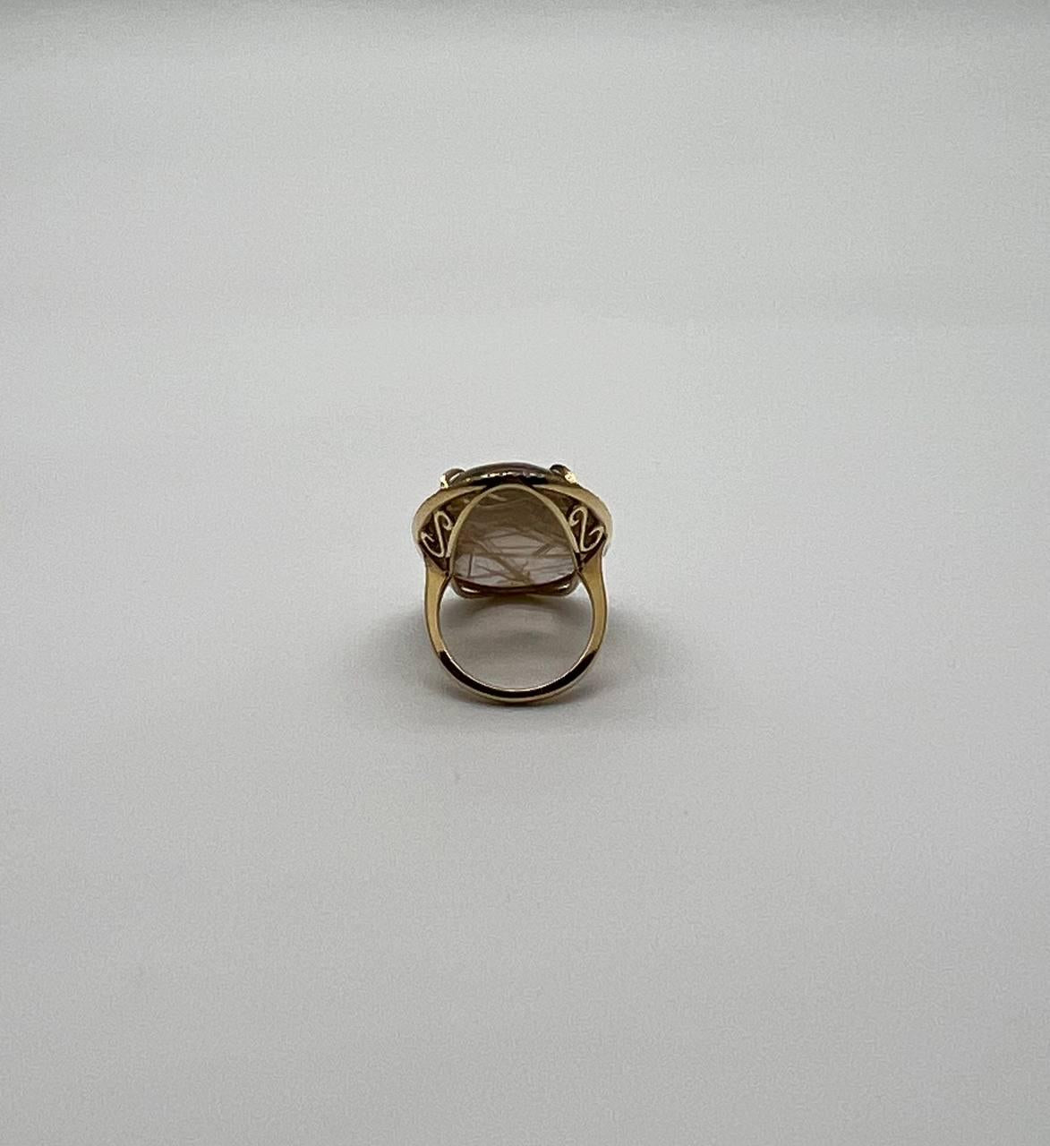 Oval Cabochon Rutilated Yellow Orange Quartz Diamond Halo 18K Yellow Gold Ring