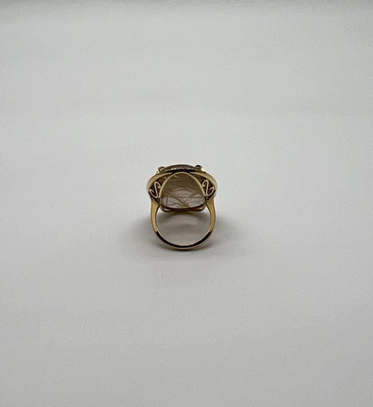 Oval Cabochon Rutilated Yellow Orange Quartz Diamond Halo 18K Yellow Gold Ring