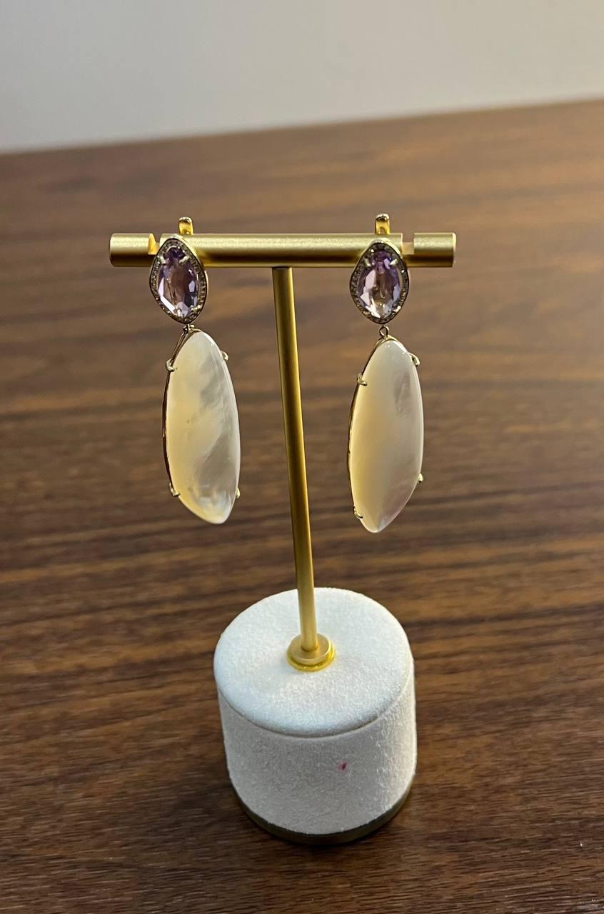 Pink Amethyst White Mother of Pearl White Diamonds Halo 14K Yellow Gold Earrings