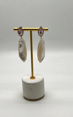 Pink Amethyst White Mother of Pearl White Diamonds Halo 14K Yellow Gold Earrings