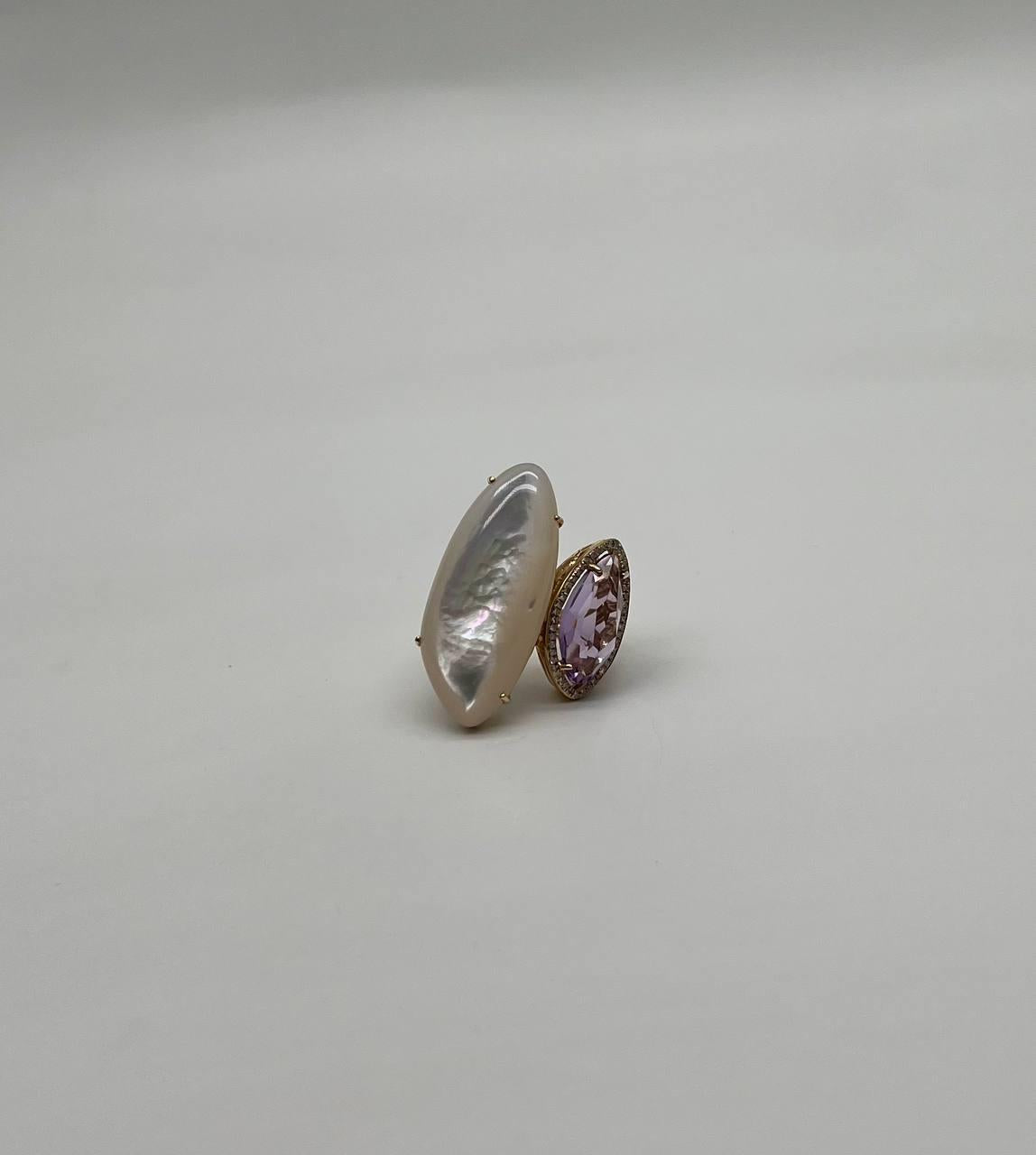 Pink Amethyst White Mother of Pearl White Diamonds Halo 14K Yellow Gold Ring