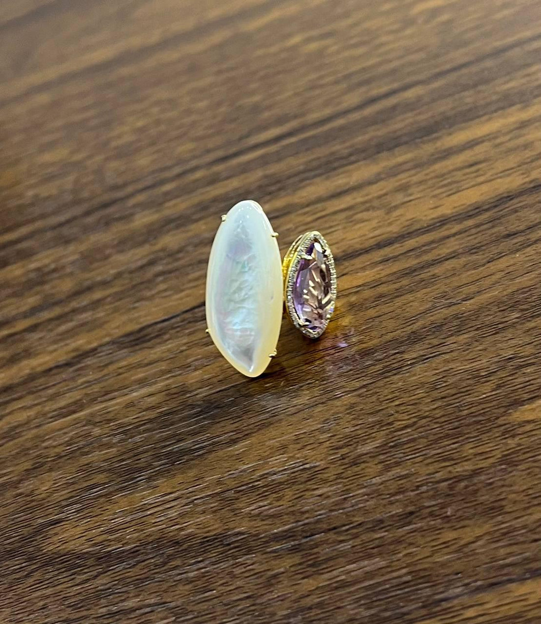 Pink Amethyst White Mother of Pearl White Diamonds Halo 14K Yellow Gold Ring