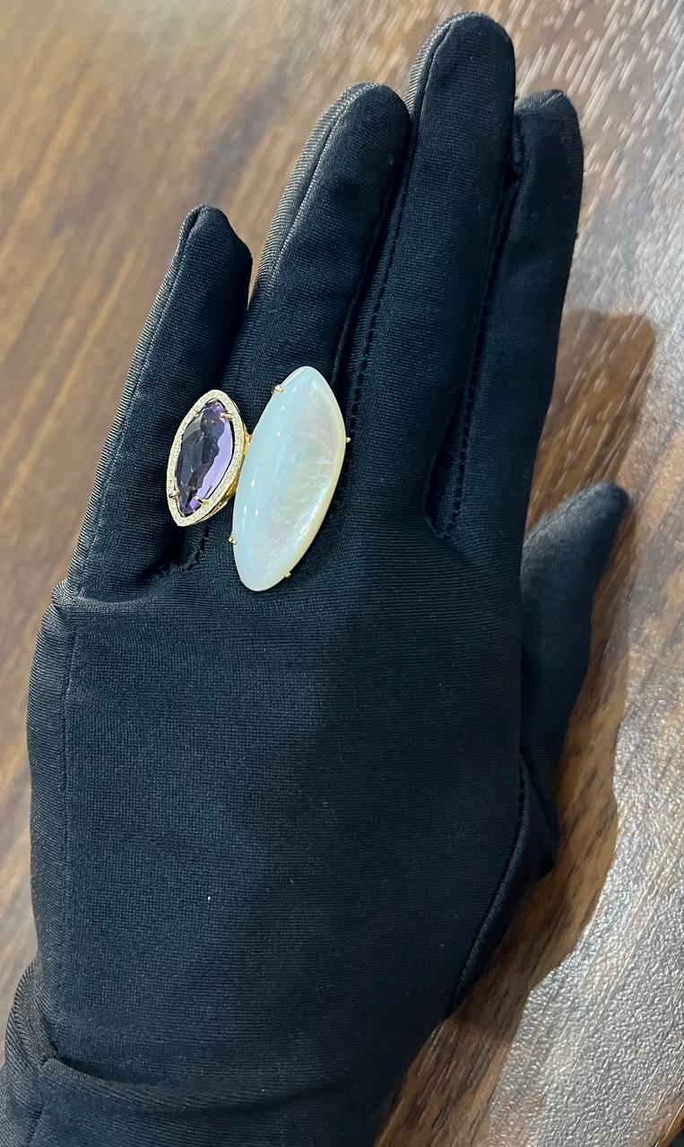 Pink Amethyst White Mother of Pearl White Diamonds Halo 14K Yellow Gold Ring