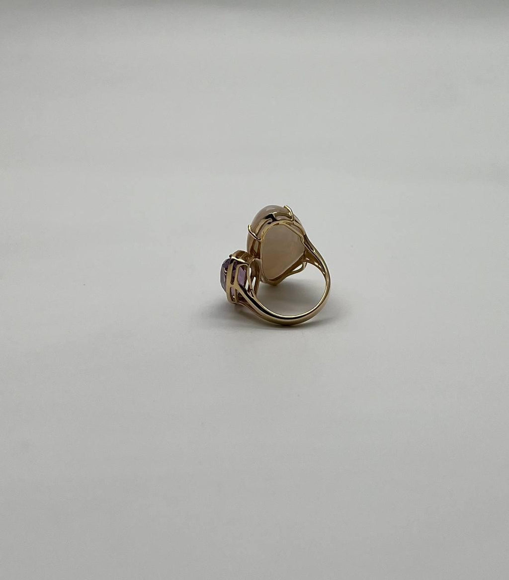 Pink Amethyst White Mother of Pearl White Diamonds Halo 14K Yellow Gold Ring