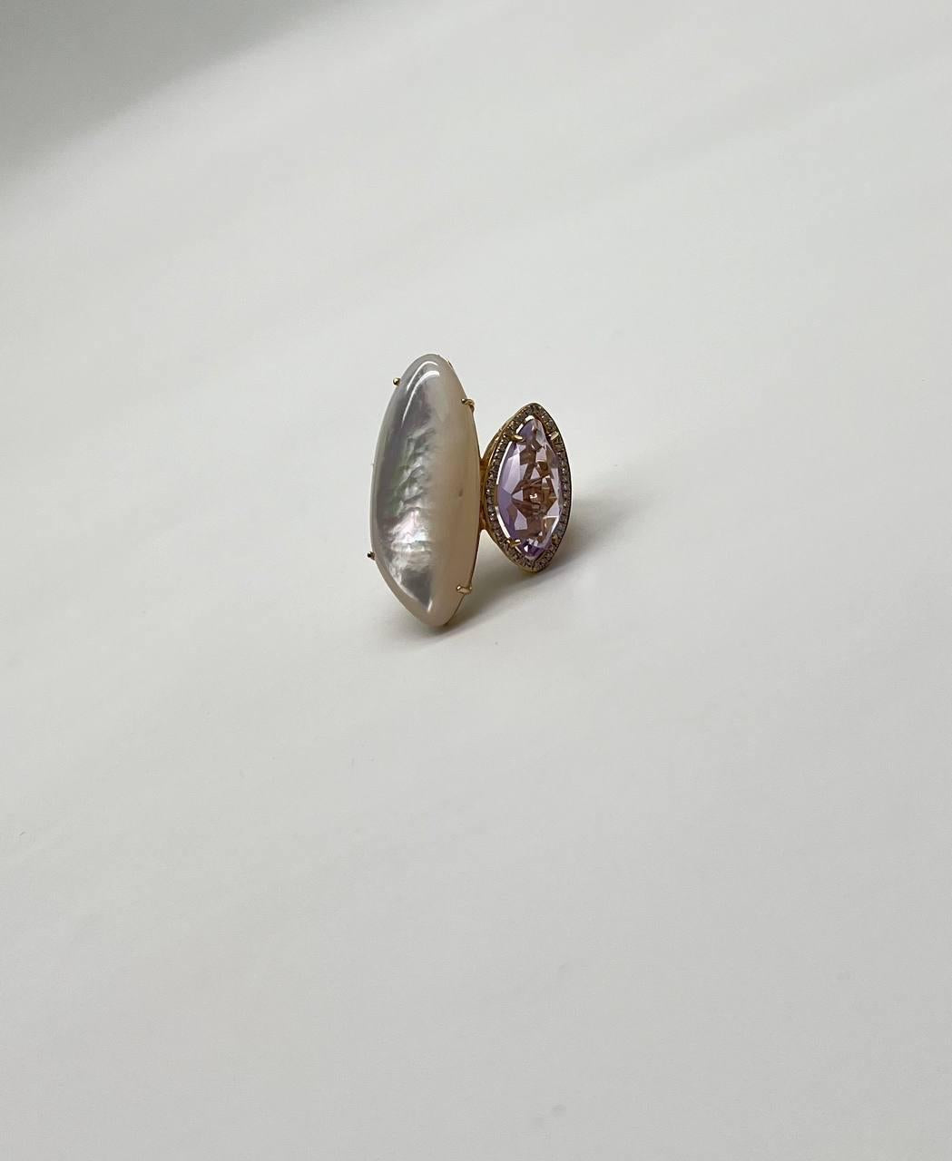 Pink Amethyst White Mother of Pearl White Diamonds Halo 14K Yellow Gold Ring