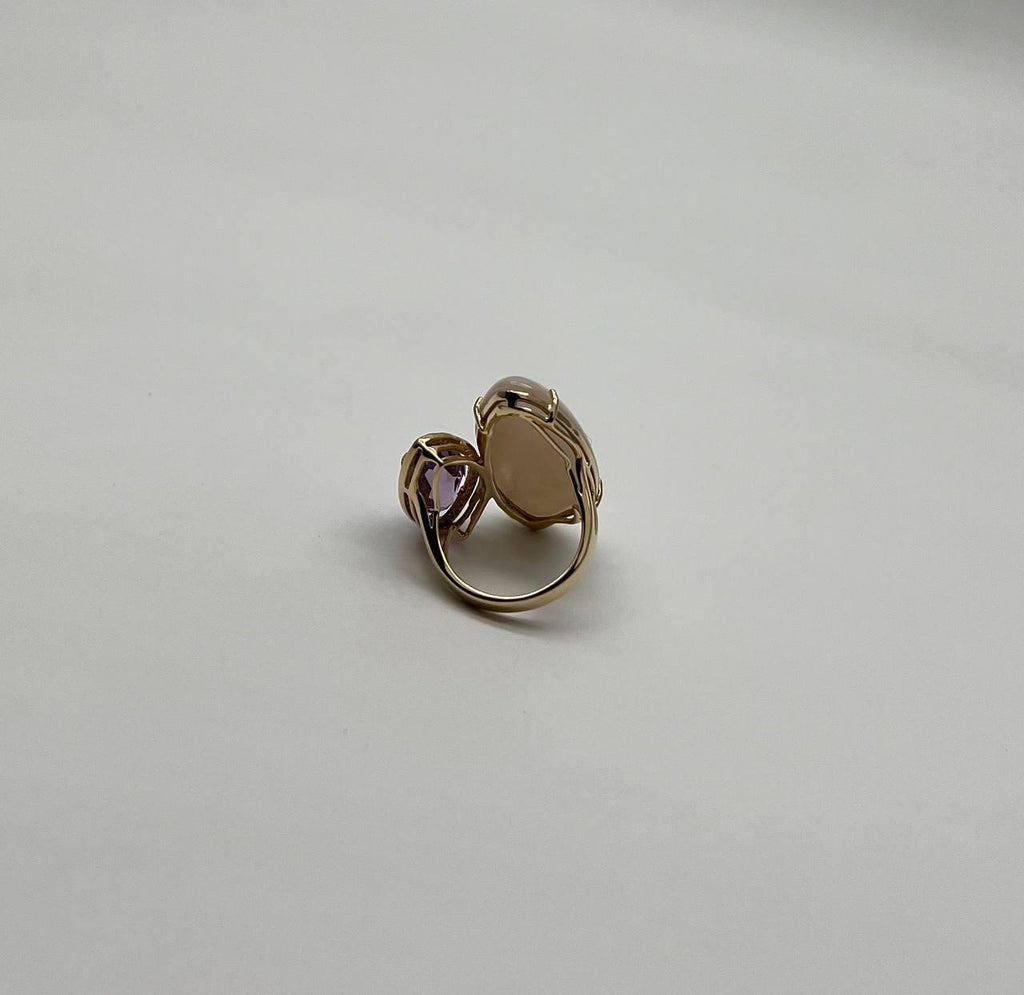 Pink Amethyst White Mother of Pearl White Diamonds Halo 14K Yellow Gold Ring
