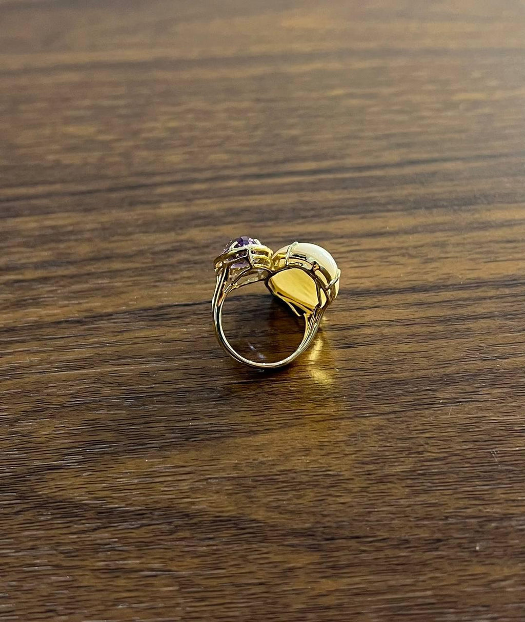 Pink Amethyst White Mother of Pearl White Diamonds Halo 14K Yellow Gold Ring