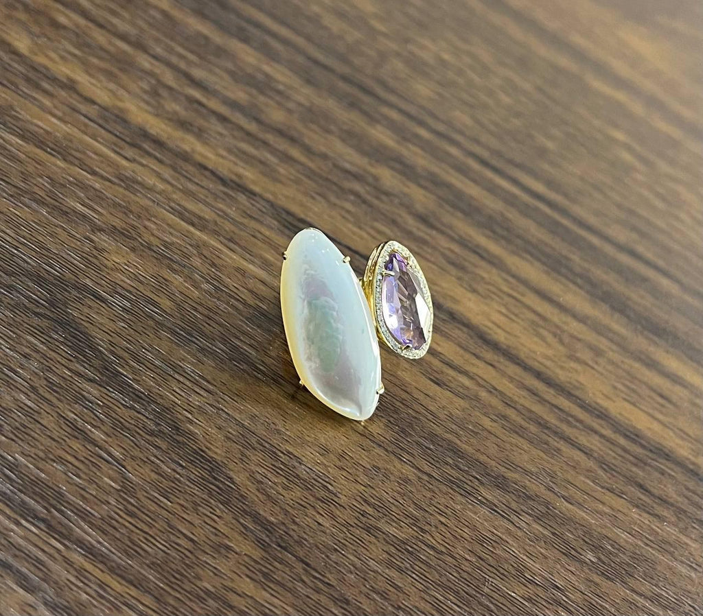 Pink Amethyst White Mother of Pearl White Diamonds Halo 14K Yellow Gold Ring