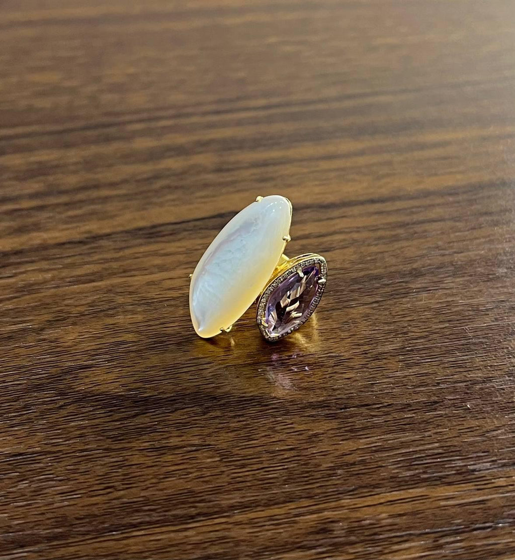 Pink Amethyst White Mother of Pearl White Diamonds Halo 14K Yellow Gold Ring