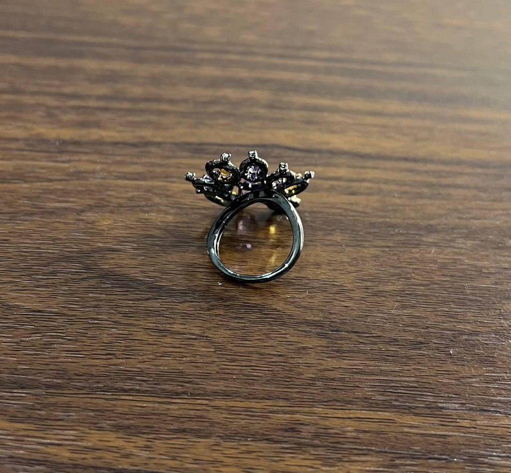 Violet Purple Amethyst Orange Citrine Diamonds Halo 14K Black Gold Flower Ring