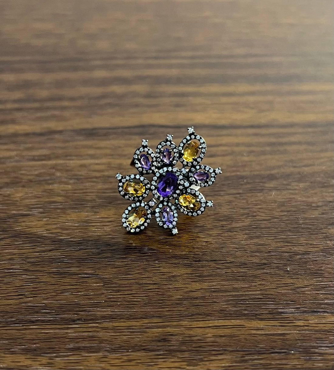 Violet Purple Amethyst Orange Citrine Diamonds Halo 14K Black Gold Flower Ring