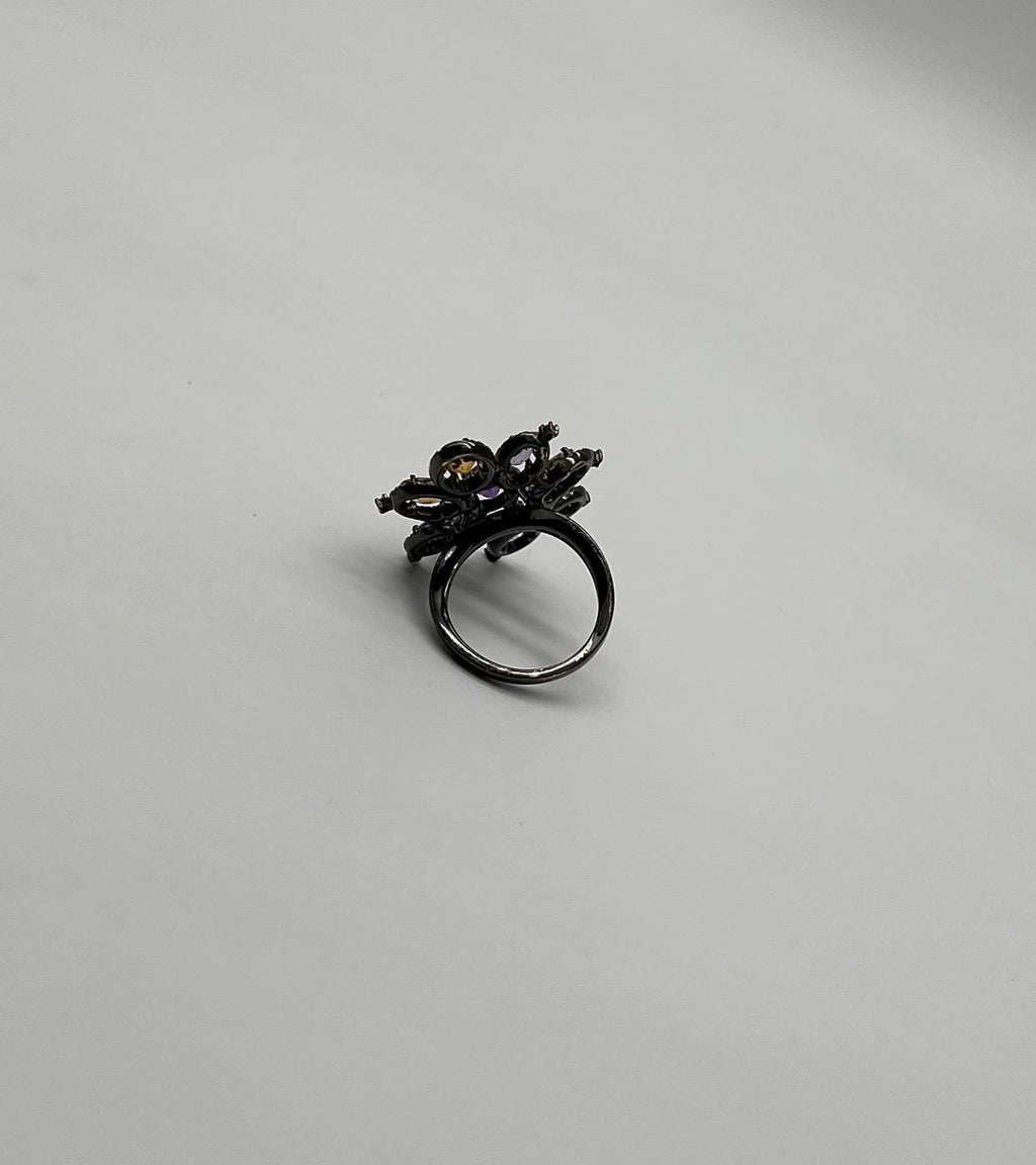 Violet Purple Amethyst Orange Citrine Diamonds Halo 14K Black Gold Flower Ring