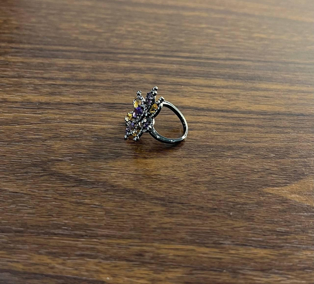 Violet Purple Amethyst Orange Citrine Diamonds Halo 14K Black Gold Flower Ring