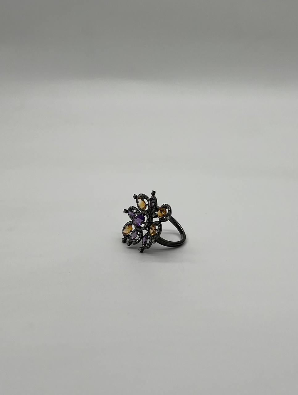 Violet Purple Amethyst Orange Citrine Diamonds Halo 14K Black Gold Flower Ring