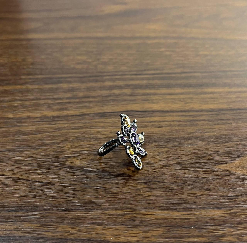 Violet Purple Amethyst Orange Citrine Diamonds Halo 14K Black Gold Flower Ring