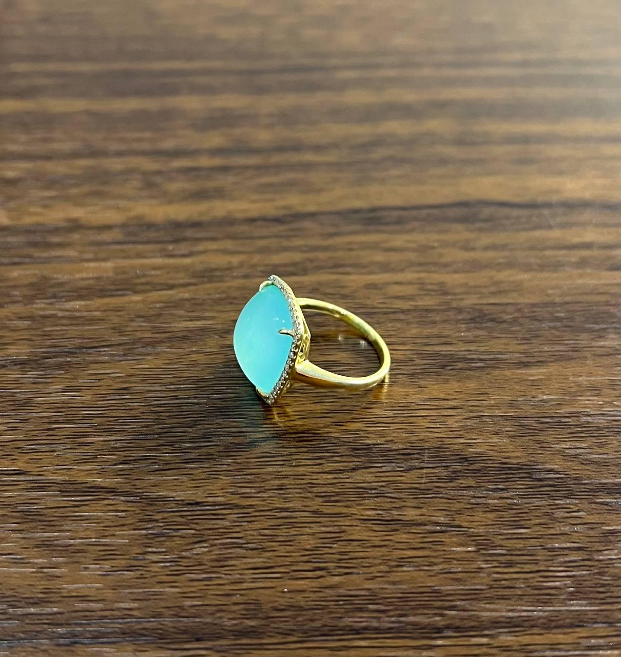 light green cushion shape amazonite diamond 14k yellow gold cocktail ring