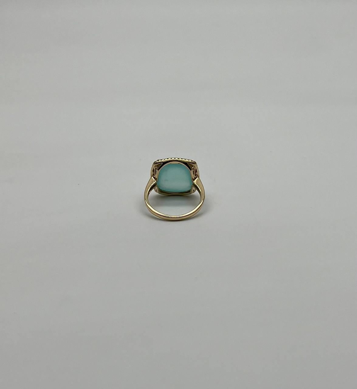 light green cushion shape amazonite diamond 14k yellow gold cocktail ring