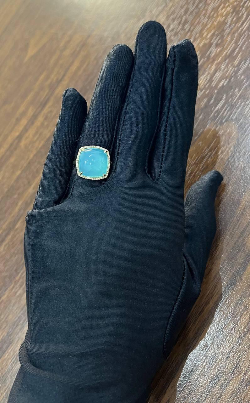 Light Green Cushion Shape Amazonite Diamond 14K Yellow Gold Cocktail Ring