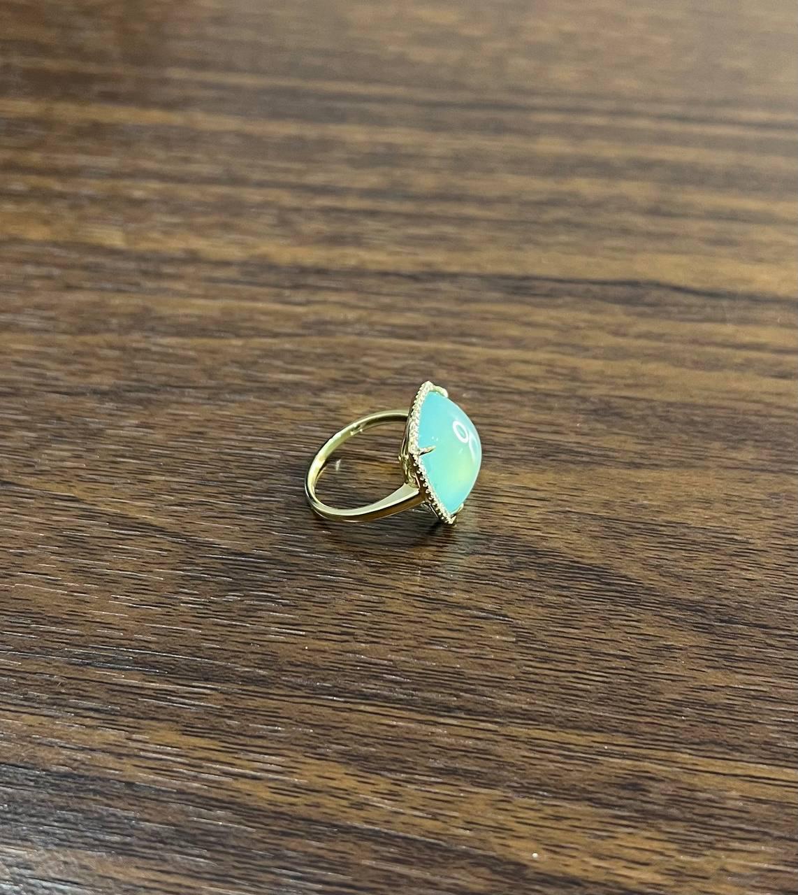 Light Green Cushion Shape Amazonite Diamond 14K Yellow Gold Cocktail Ring