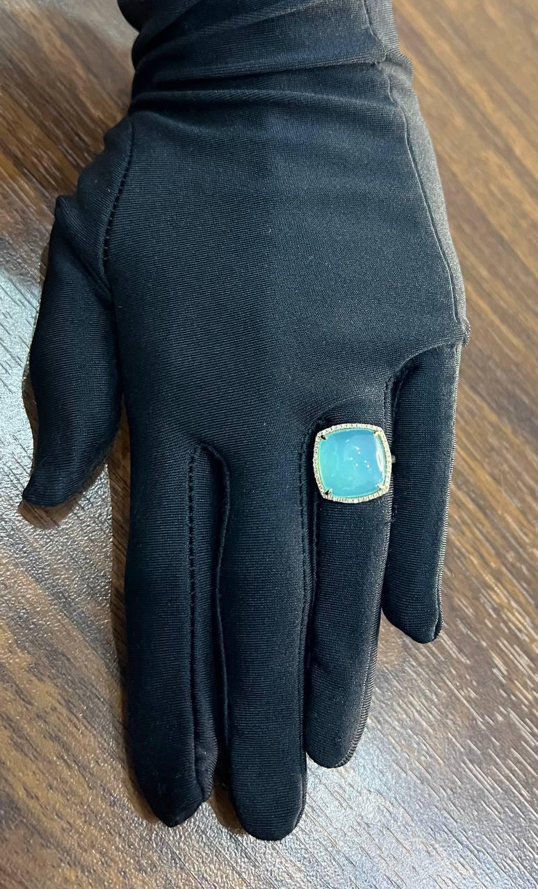 Light Green Cushion Shape Amazonite Diamond 14K Yellow Gold Cocktail Ring