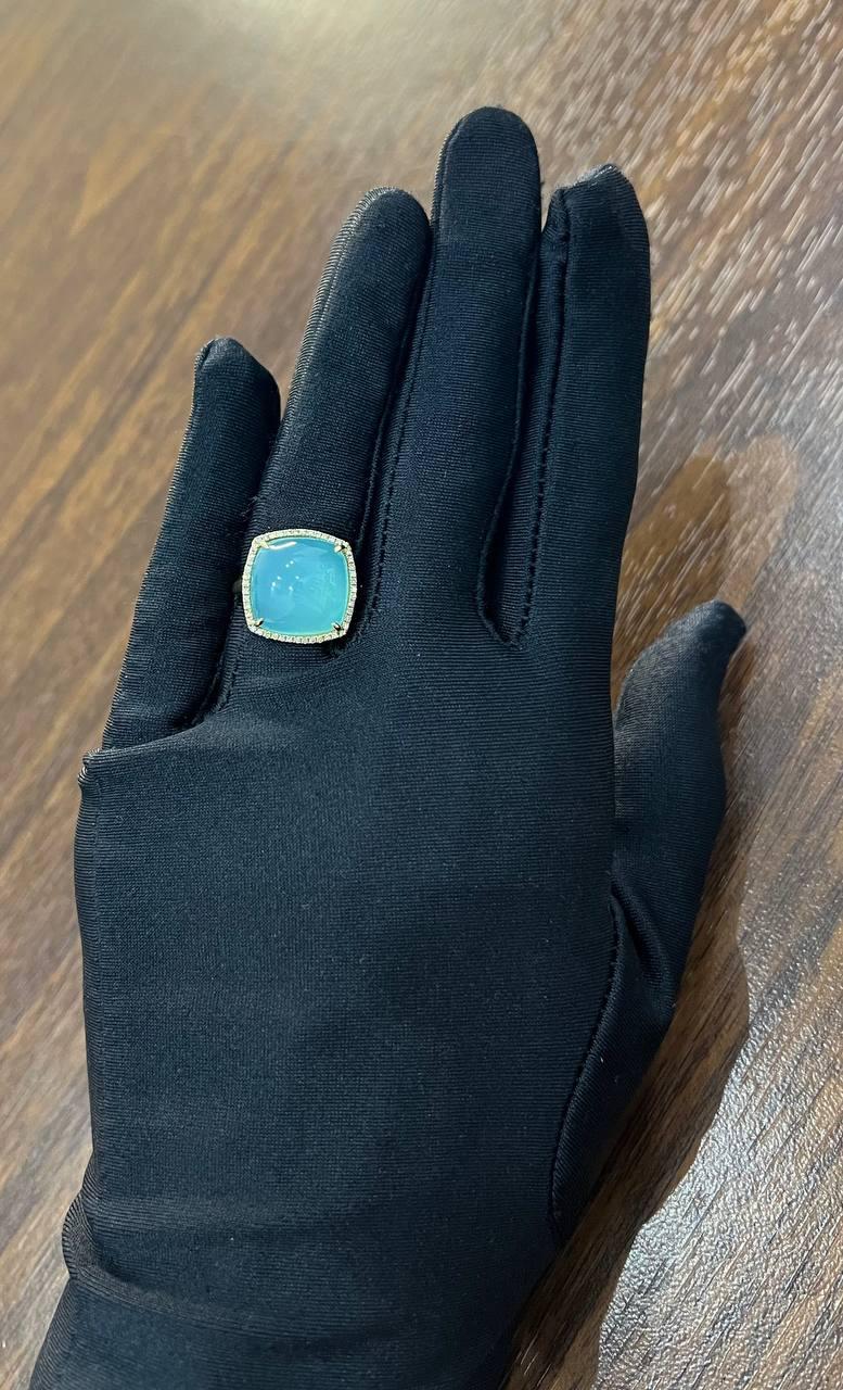 light green cushion shape amazonite diamond 14k yellow gold cocktail ring