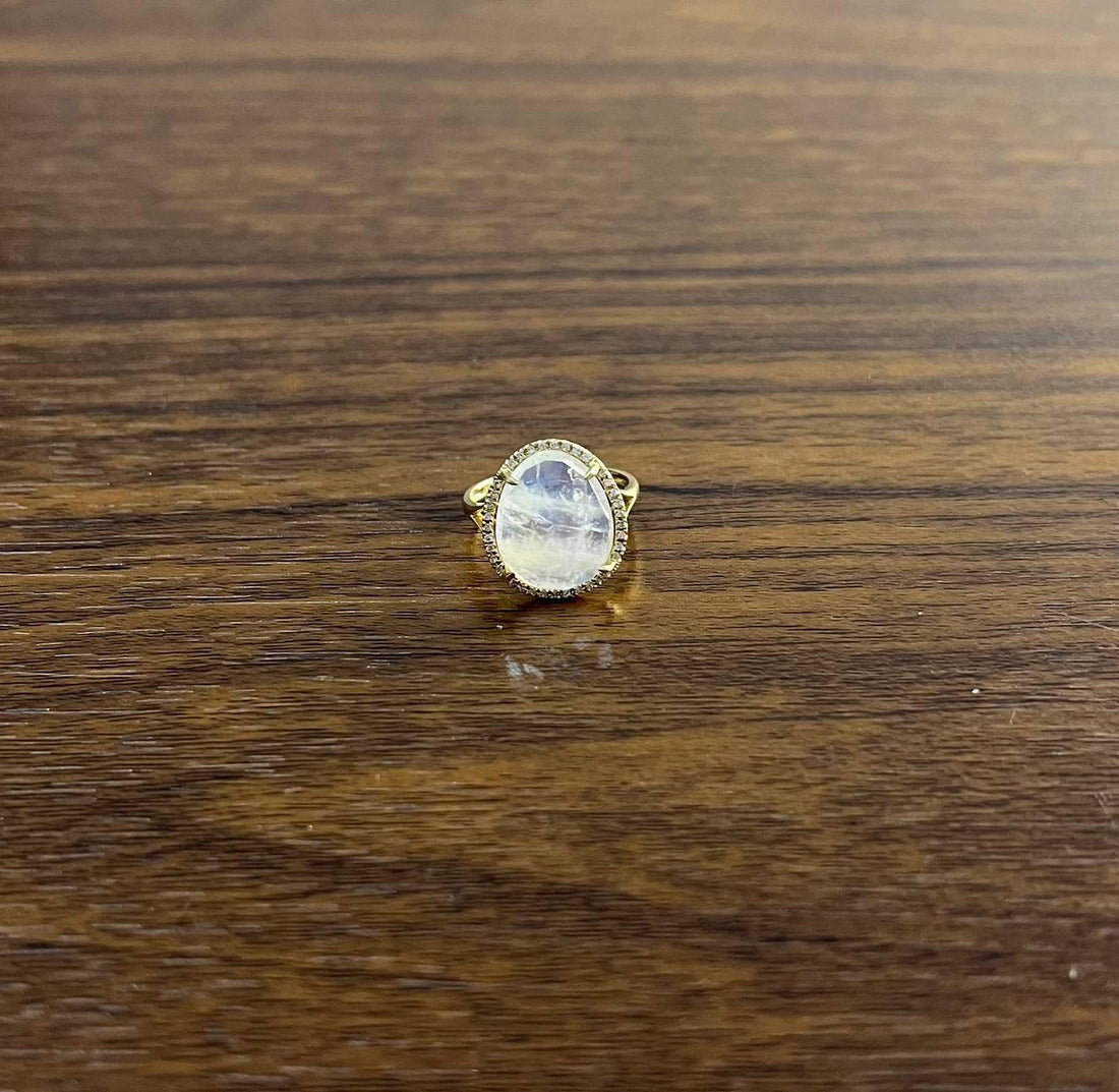 White Moonstone Diamonds Halo Set 14 Yellow Gold Statement Unique Cocktail Ring