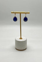 Dark Blue Azurite Bezel Set Diamond Halo 14K Gold Statement Earrings