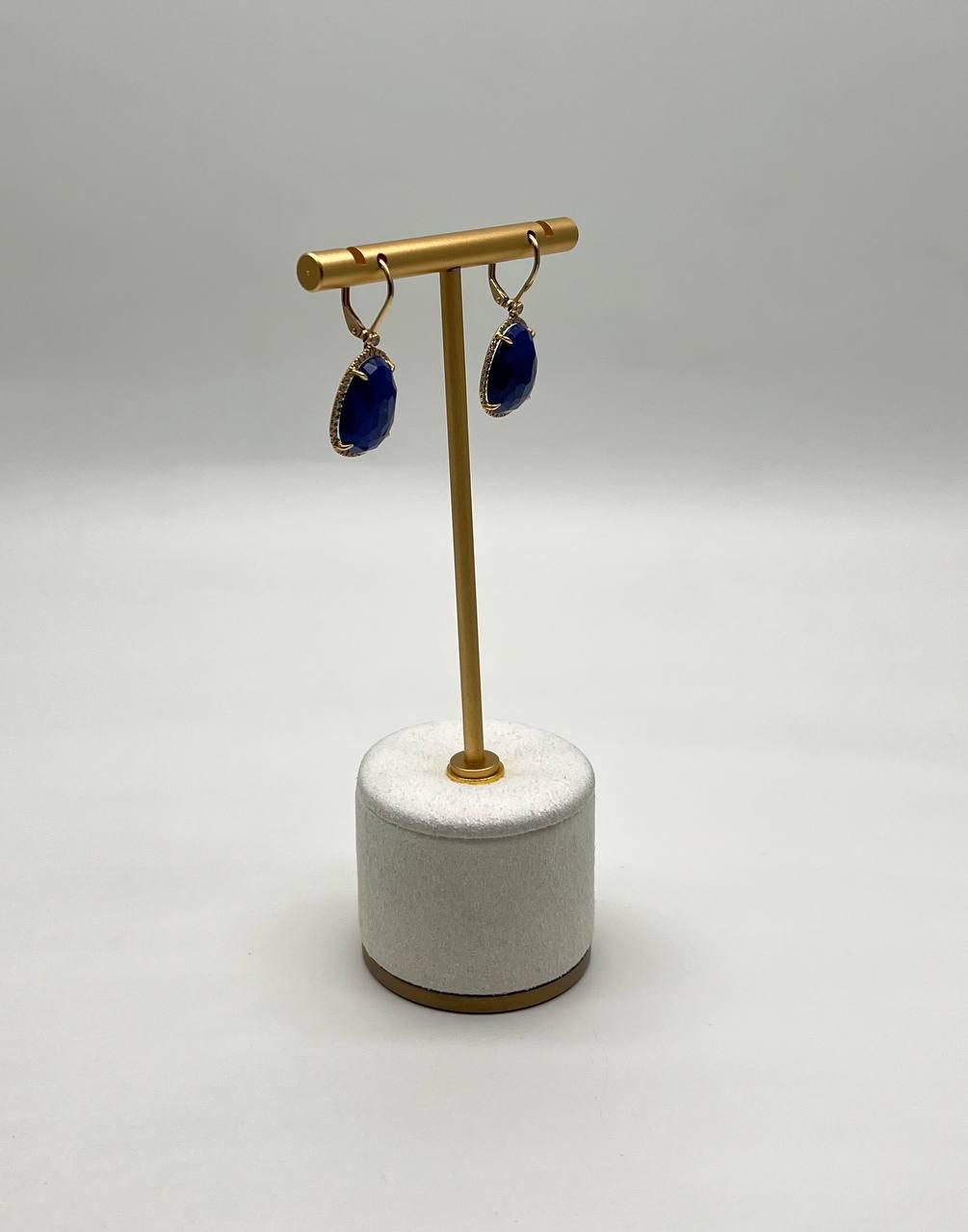 Dark Blue Azurite Bezel Set Diamond Halo 14K Gold Statement Earrings