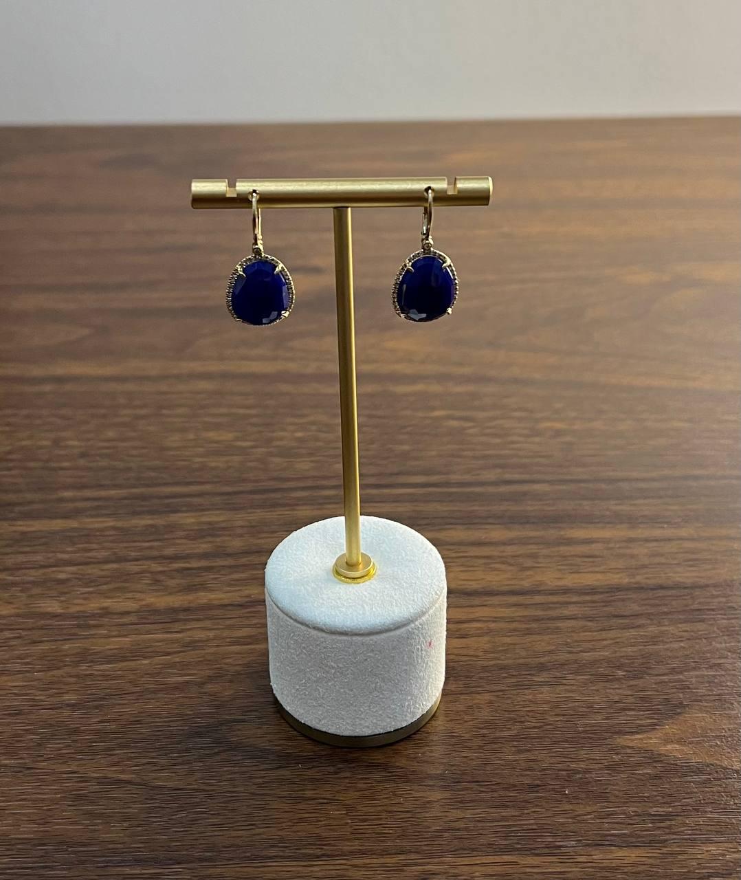 Dark Blue Azurite Bezel Set Diamond Halo 14K Gold Statement Earrings
