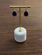Dark Blue Azurite Bezel Set Diamond Halo 14K Gold Statement Earrings