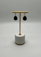 Dark Blue Azurite Bezel Set Diamond Halo 14K Gold Statement Earrings