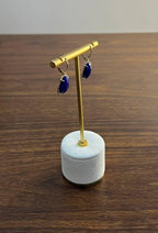 Dark Blue Azurite Bezel Set Diamond Halo 14K Gold Statement Earrings