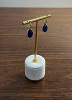 Dark Blue Azurite Bezel Set Diamond Halo 14K Gold Statement Earrings