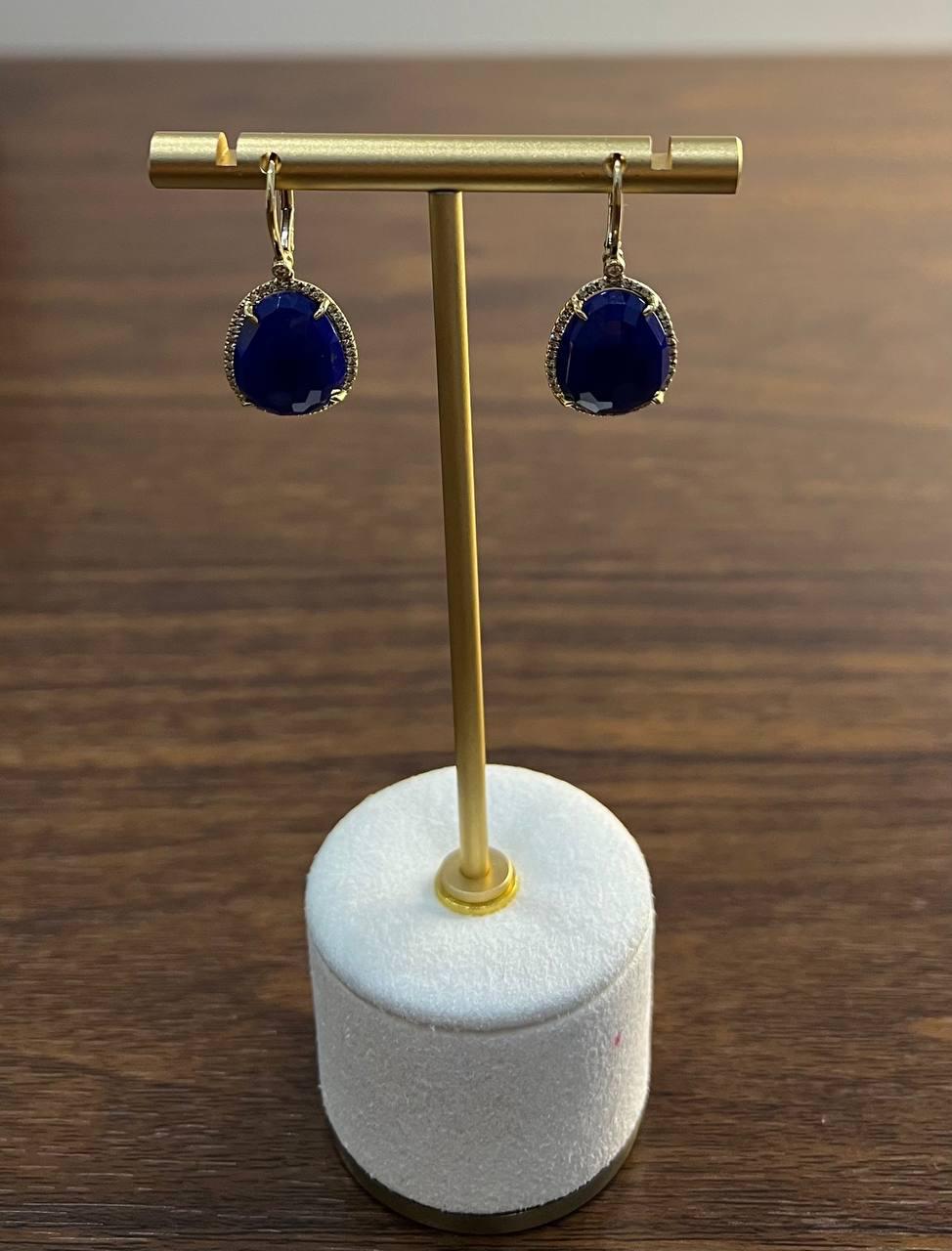 Dark Blue Azurite Bezel Set Diamond Halo 14K Gold Statement Earrings