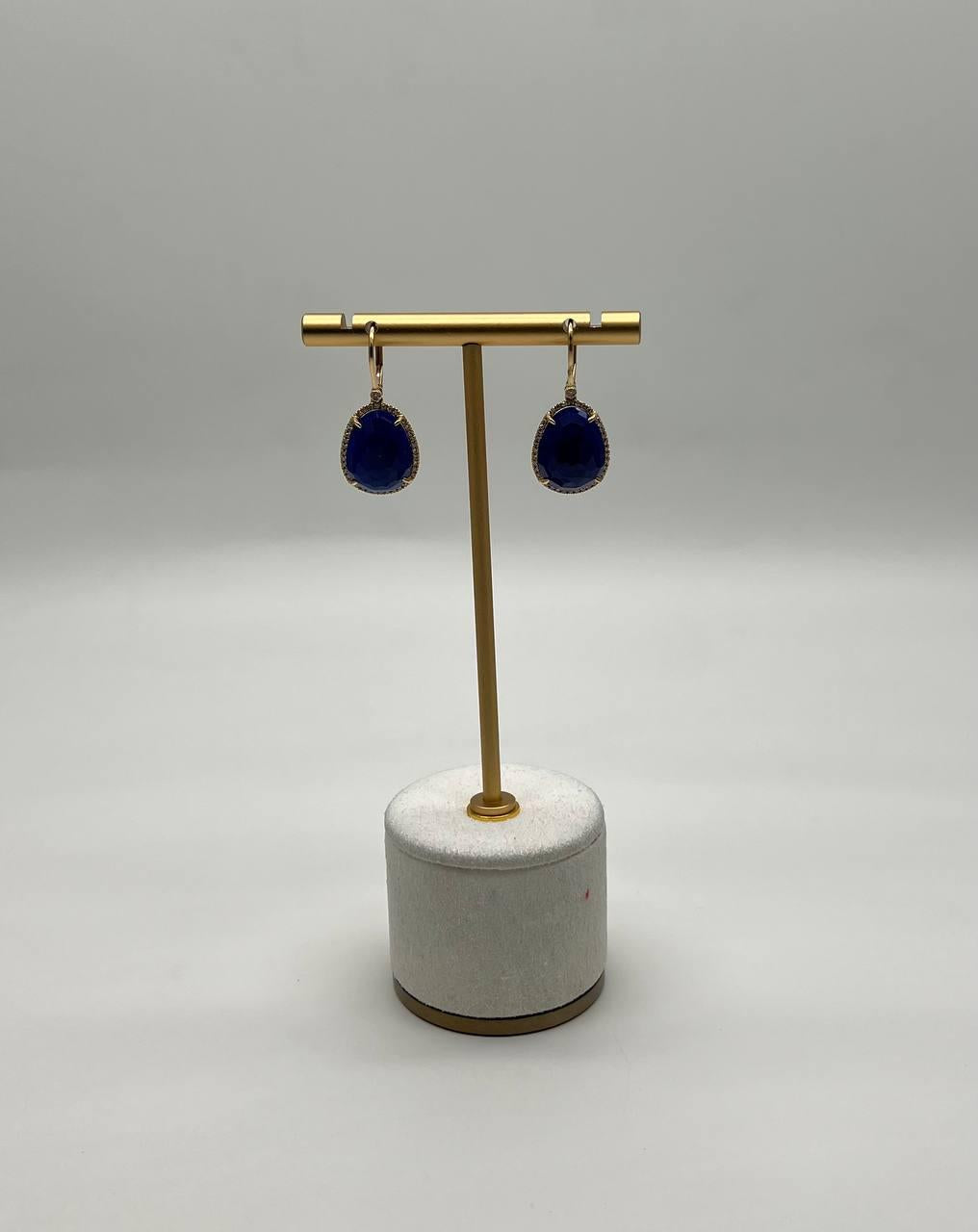 Dark Blue Azurite Bezel Set Diamond Halo 14K Gold Statement Earrings