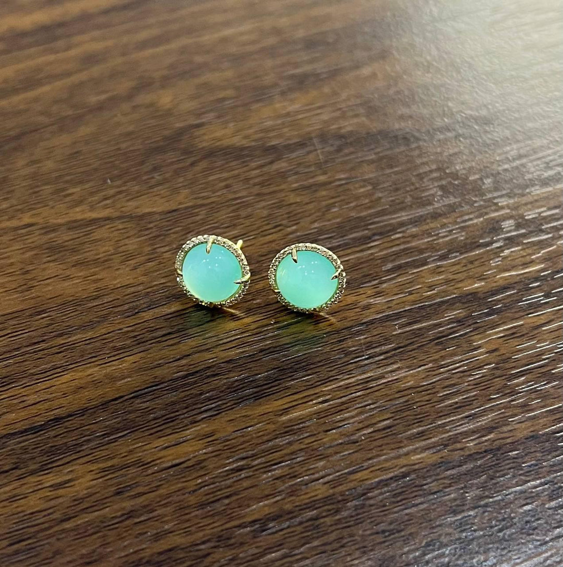 Round Shape Cabochon Green Aquamarine 14K Yellow Gold Diamond Halo Stud Earrings