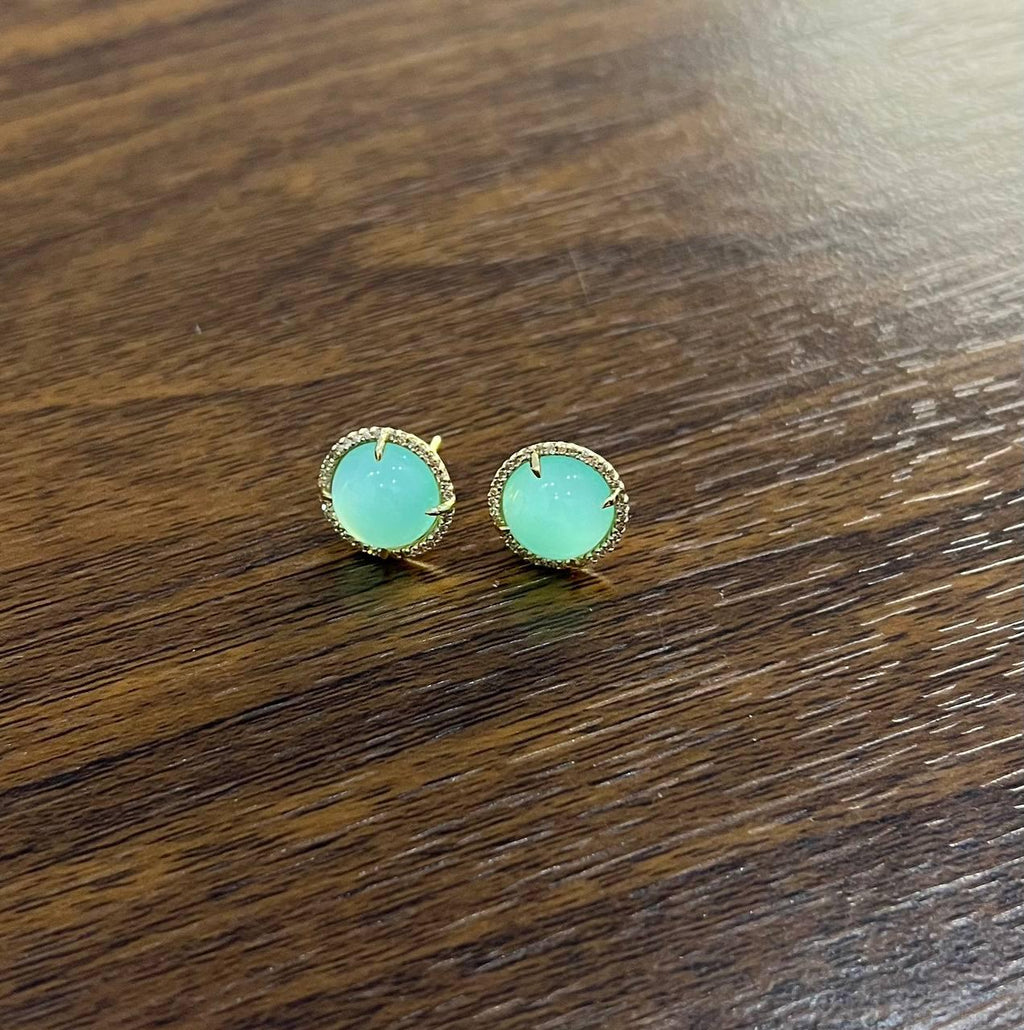 Round Shape Cabochon Green Aquamarine 14K Yellow Gold Diamond Halo Stud Earrings