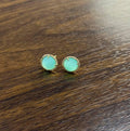 Round Shape Cabochon Green Aquamarine 14K Yellow Gold Diamond Halo Stud Earrings