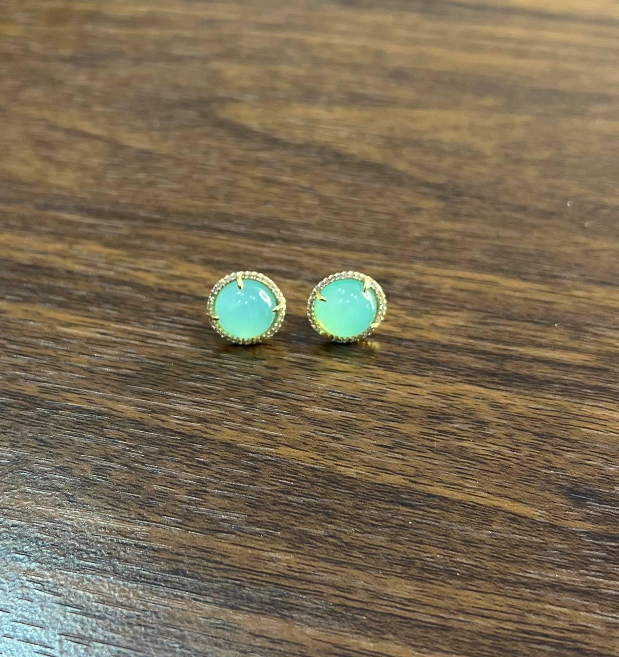 Round Shape Cabochon Green Aquamarine 14K Yellow Gold Diamond Halo Stud Earrings