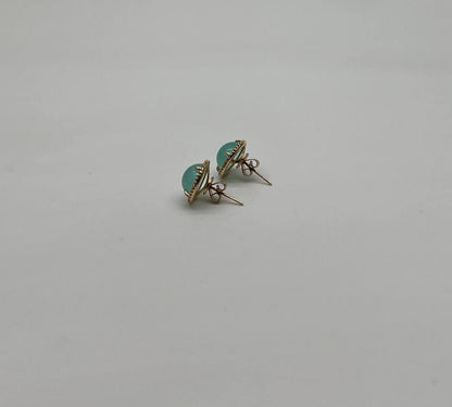 Round Shape Cabochon Green Aquamarine 14K Yellow Gold Diamond Halo Stud Earrings