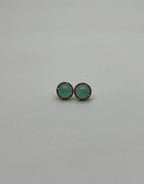 Round Shape Cabochon Green Aquamarine 14K Yellow Gold Diamond Halo Stud Earrings