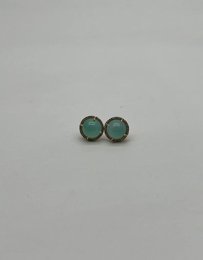 Round Shape Cabochon Green Aquamarine 14K Yellow Gold Diamond Halo Stud Earrings