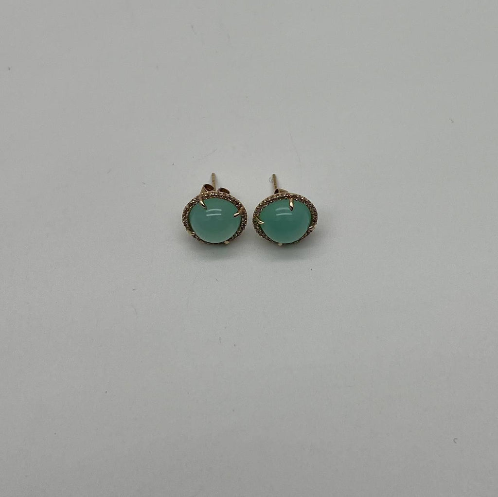 Round Shape Cabochon Green Aquamarine 14K Yellow Gold Diamond Halo Stud Earrings