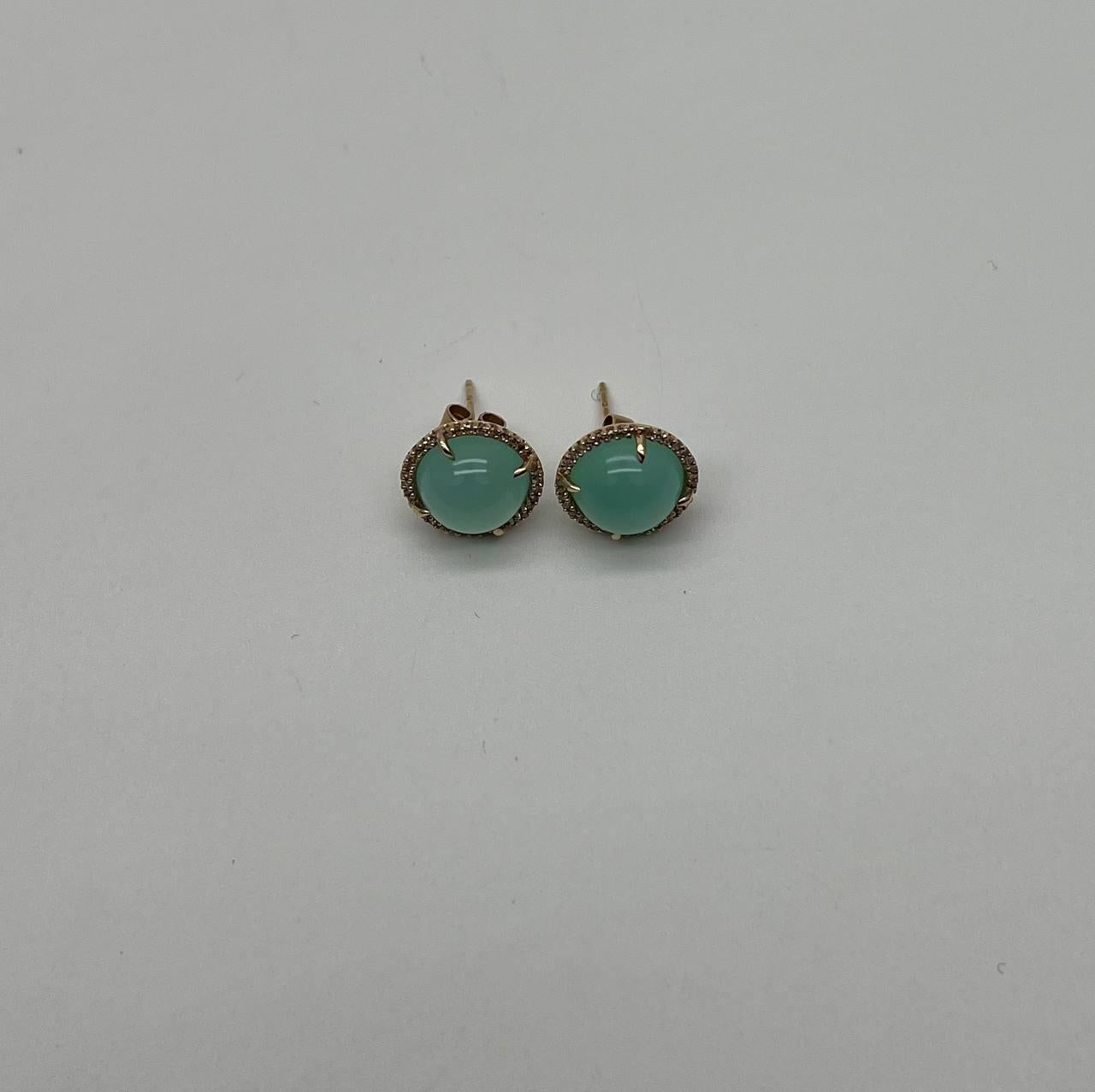 Round Shape Cabochon Green Aquamarine 14K Yellow Gold Diamond Halo Stud Earrings