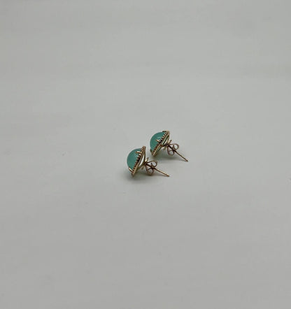 Round Shape Cabochon Green Aquamarine 14K Yellow Gold Diamond Halo Stud Earrings