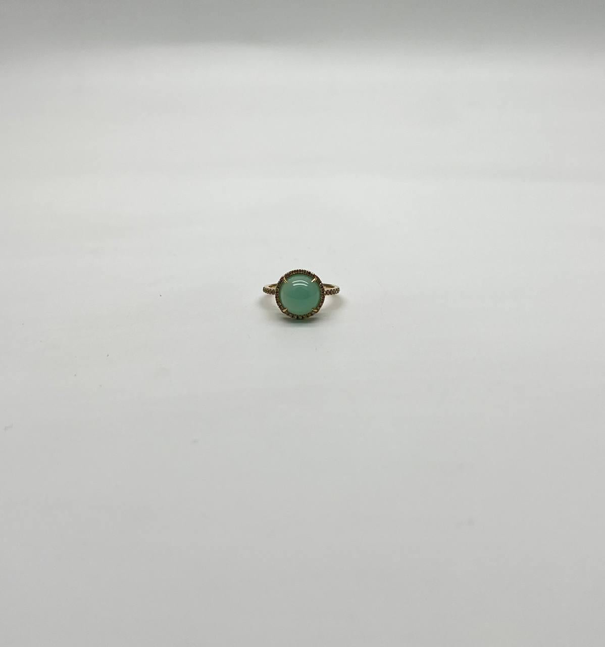 Round Shape Cabochon Green Aquamarine 14K Yellow Gold Diamond Halo Cocktail Ring